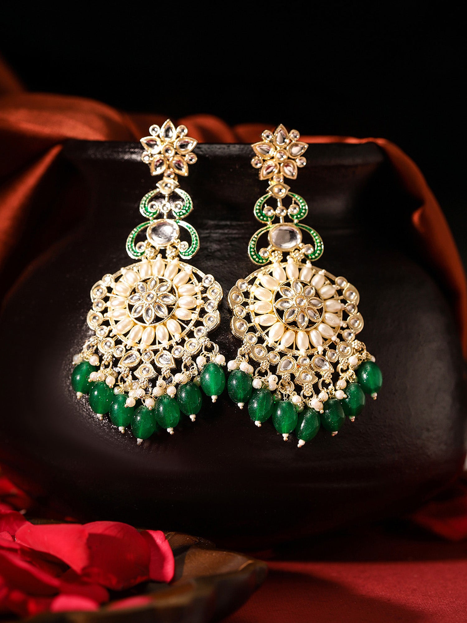 Ishin Kundan Pearl Style Floral Pattern Gold Plated Green Beads Drop Earrings