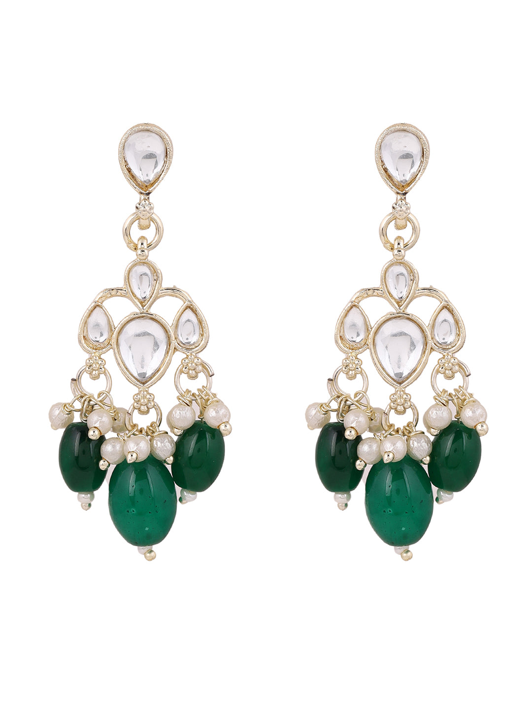 Ishin Plain Kundan Gold Plated Green Beads Pushback Drop Earrings