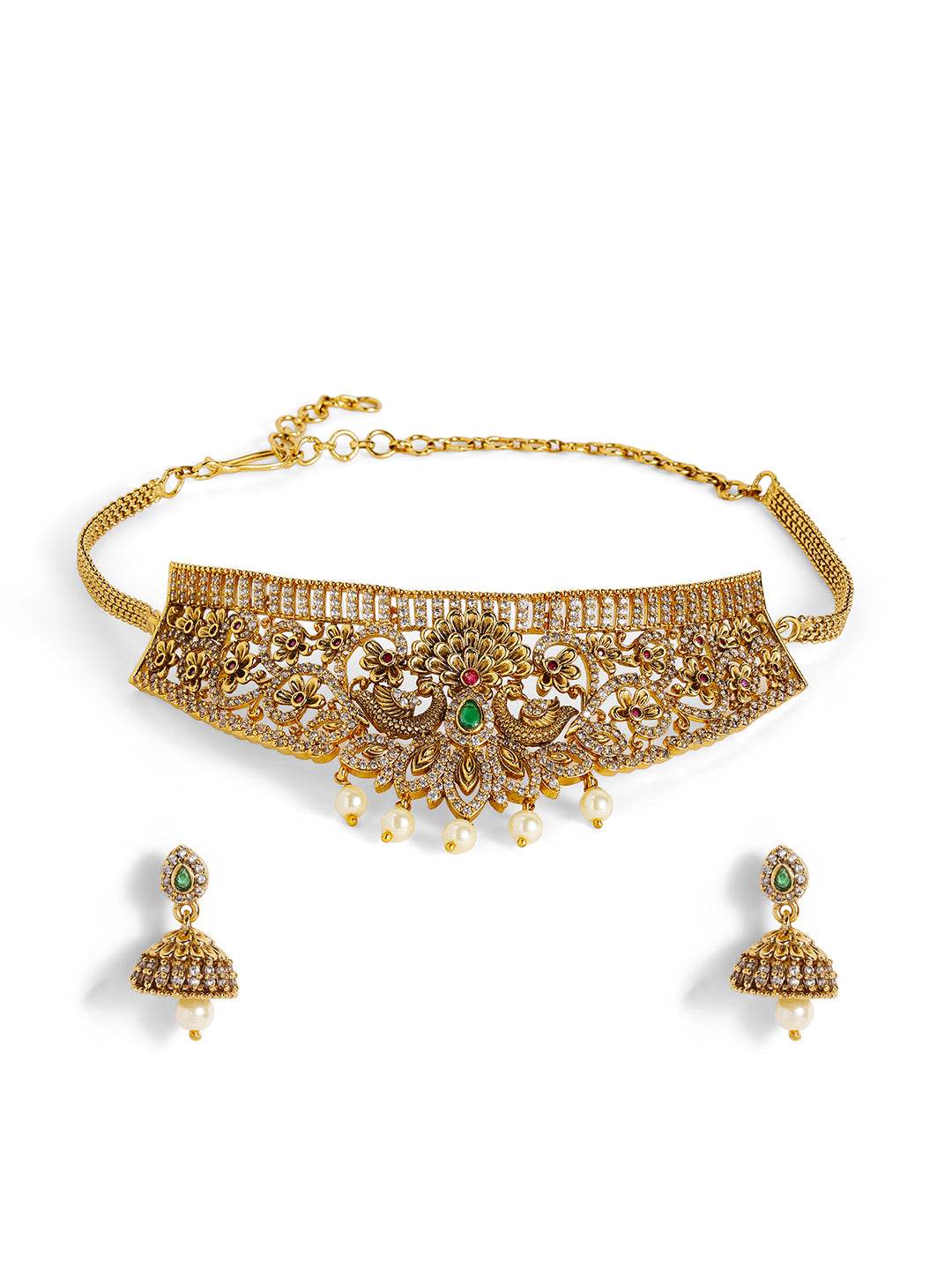 Ishin Floral Elegance Goddess Gold-Plated Choker Necklace Drop Earrings Jewellery Set