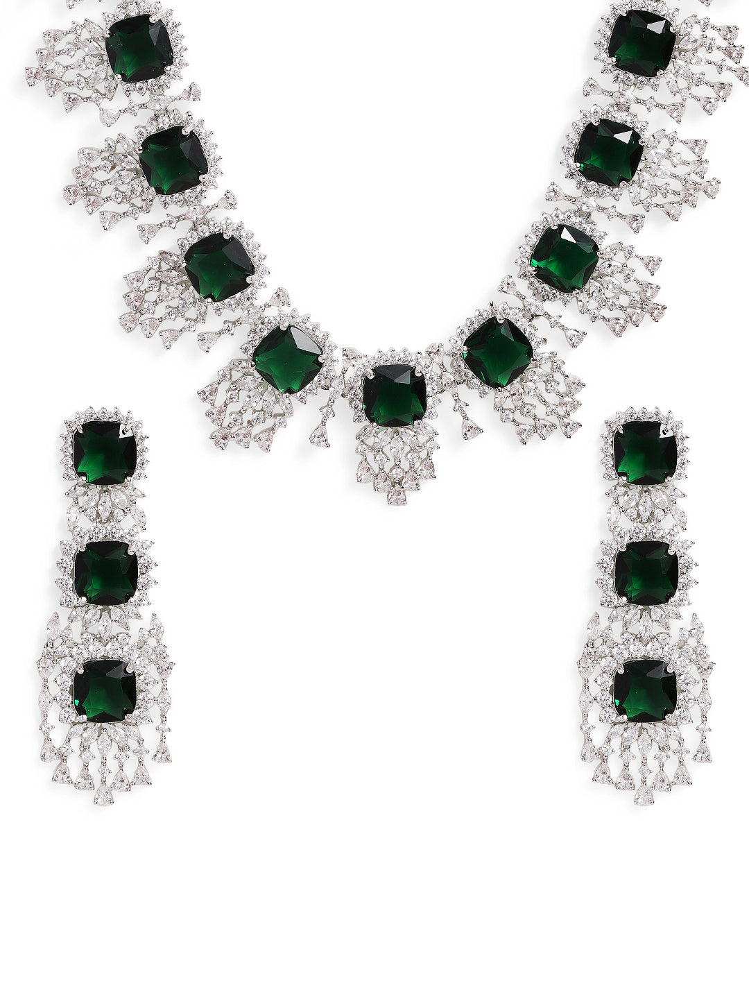 Ishin Green Colour Silver Plated American Diamond Jewellery Set