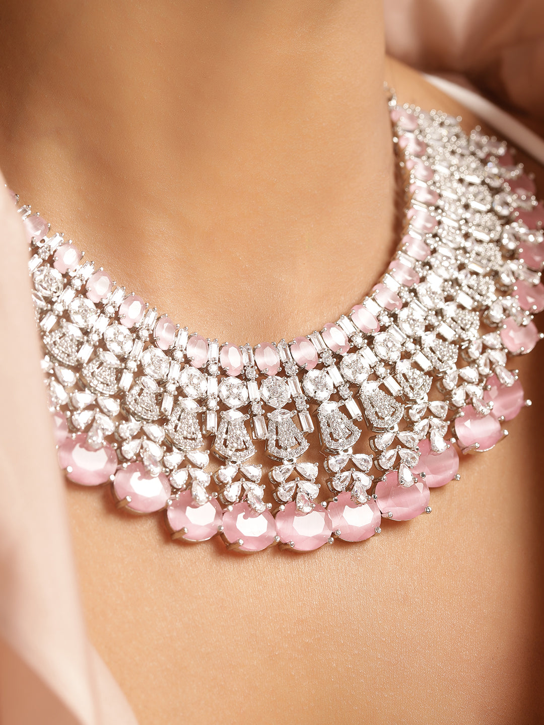 Ishin Pink Colour Silver Plated American Diamond Jewellery Set