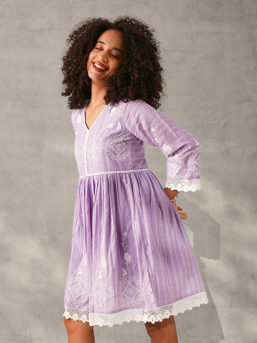 Comfy Lavender Cotton Embroidered Fit & Flare Dress