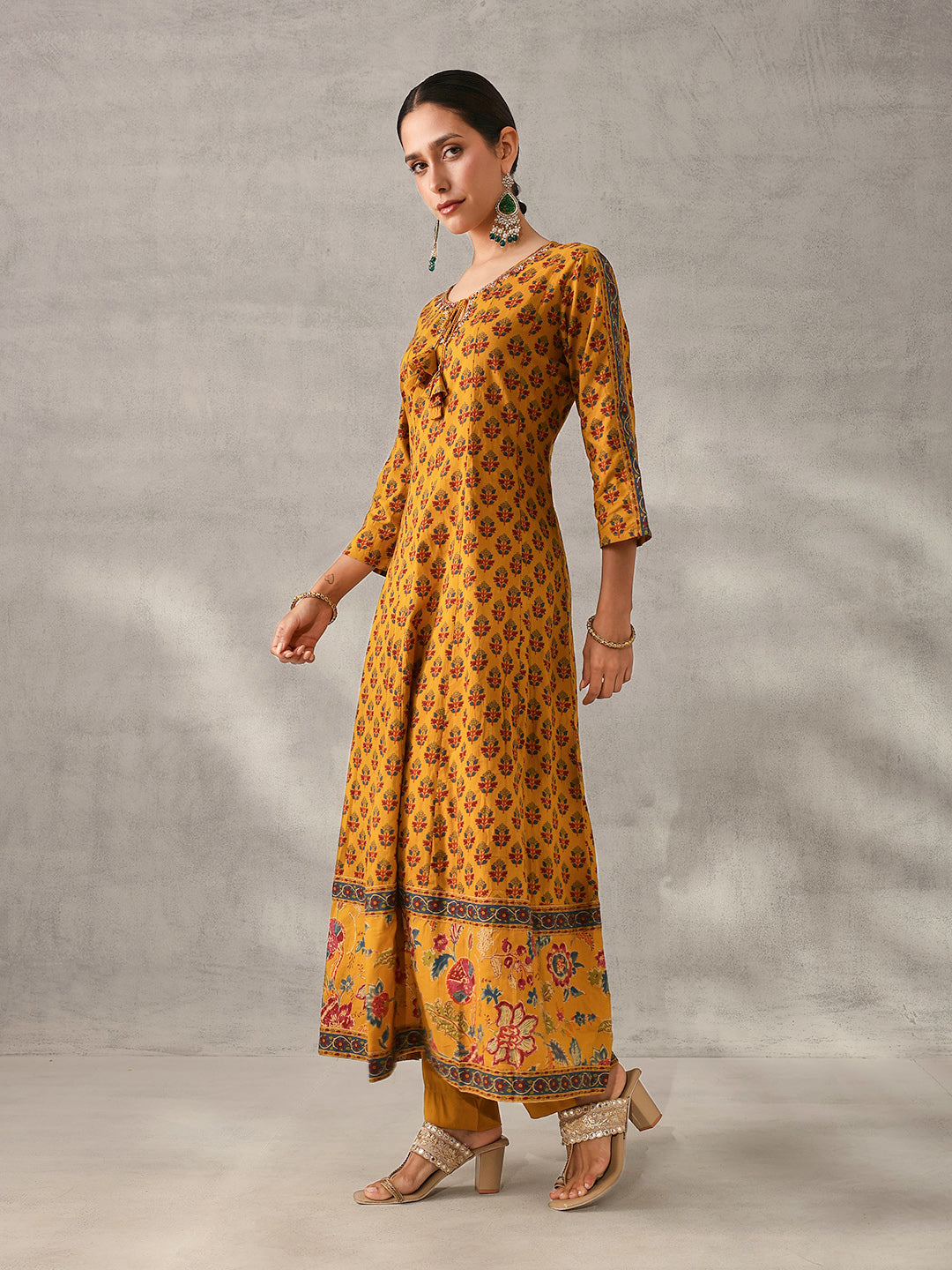 Graceful Mustard Cotton Floral Printed A-line fit Kurta Set with Dupatta
