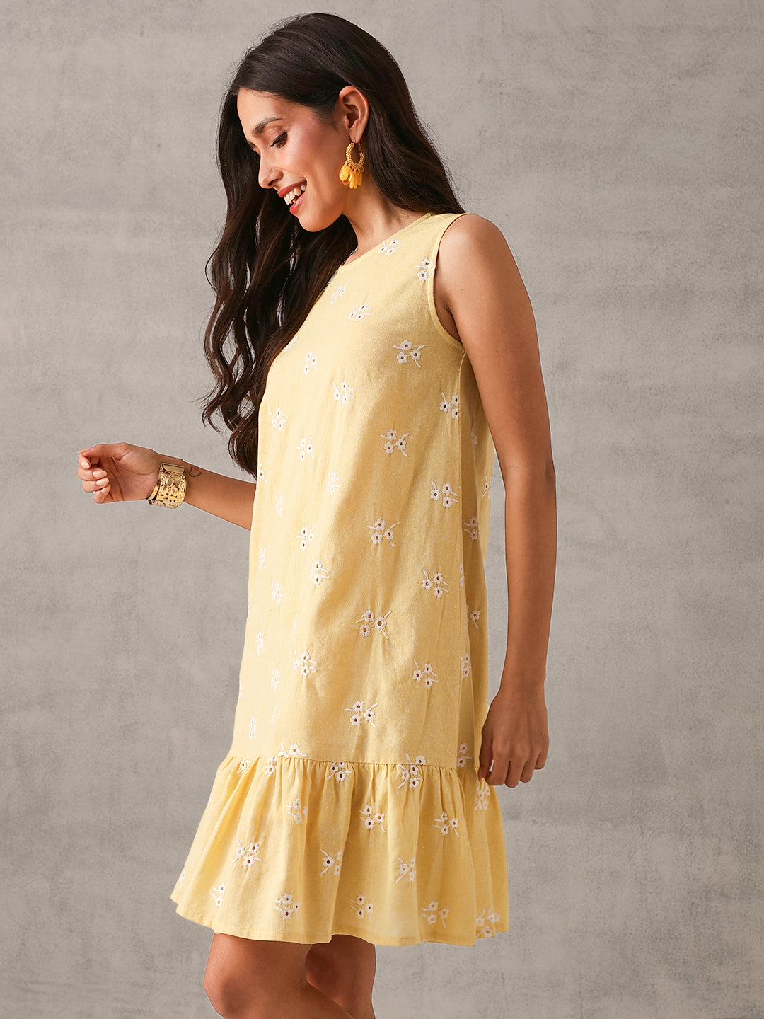Comfy Yellow Chambray Schiffli Regular Fit Dress