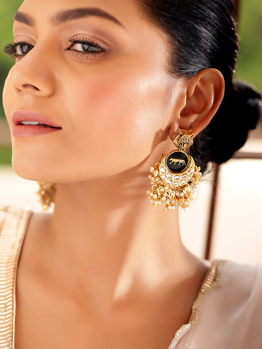 Ishin Black Colour Gold plated Kundan Drop Earring