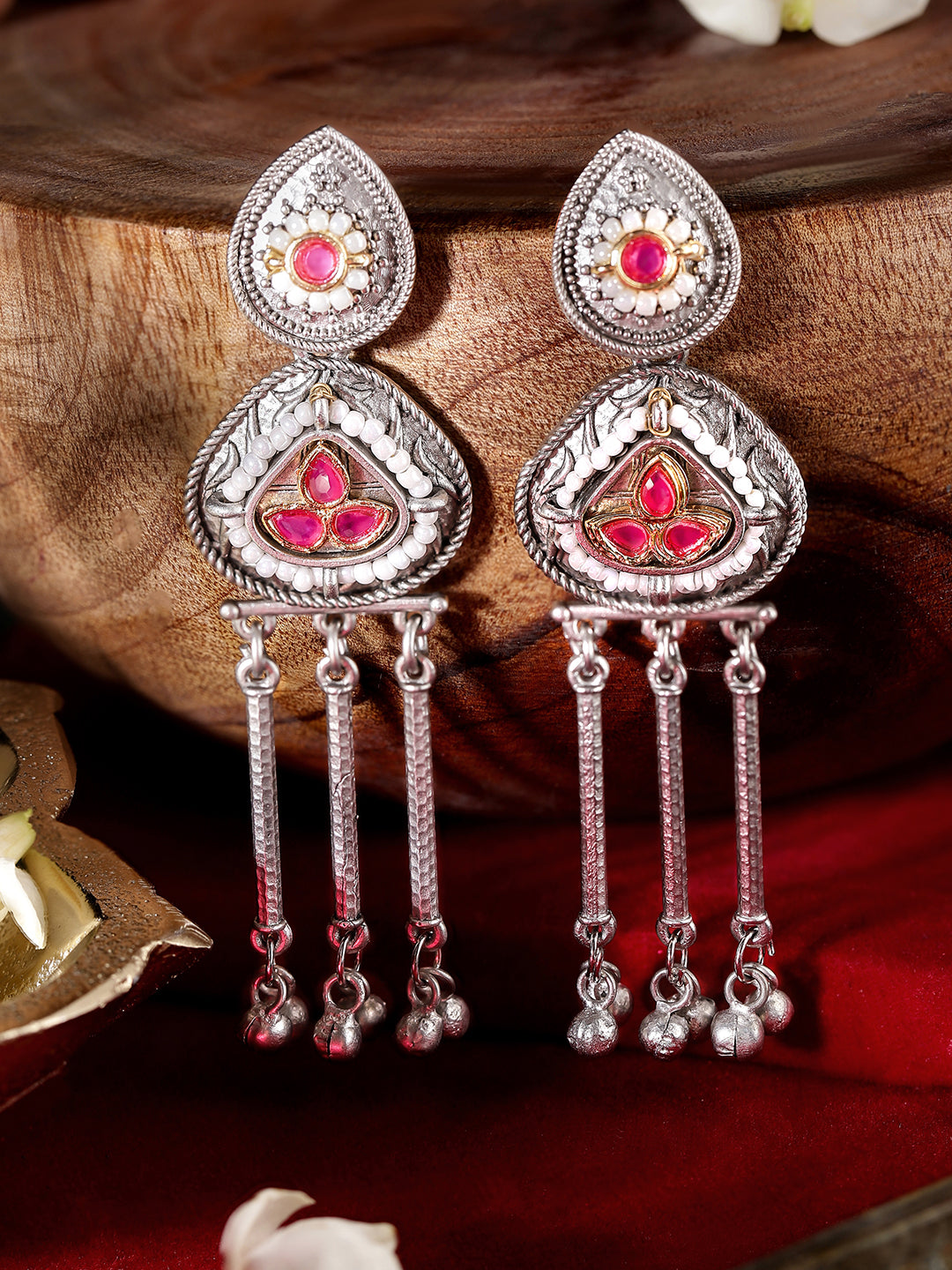 Ishin Pink Colour Silver Plated Drop Earring