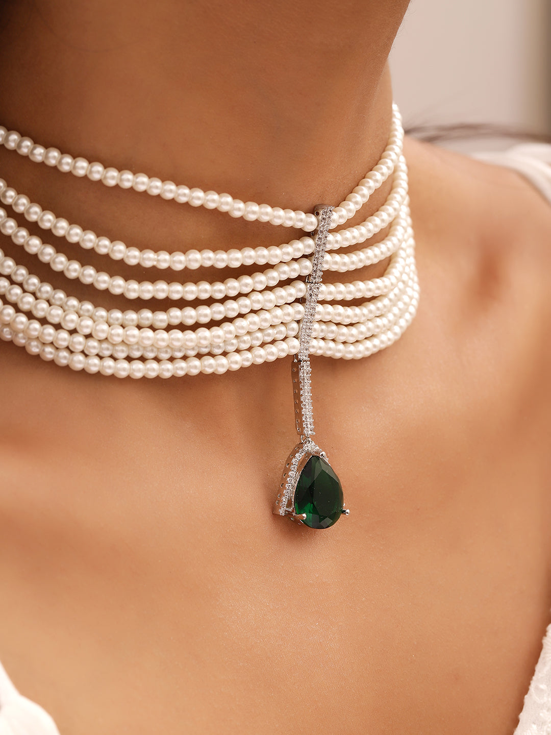 Ishin Green Colour Silver Plated American Diamond Jewellery Set