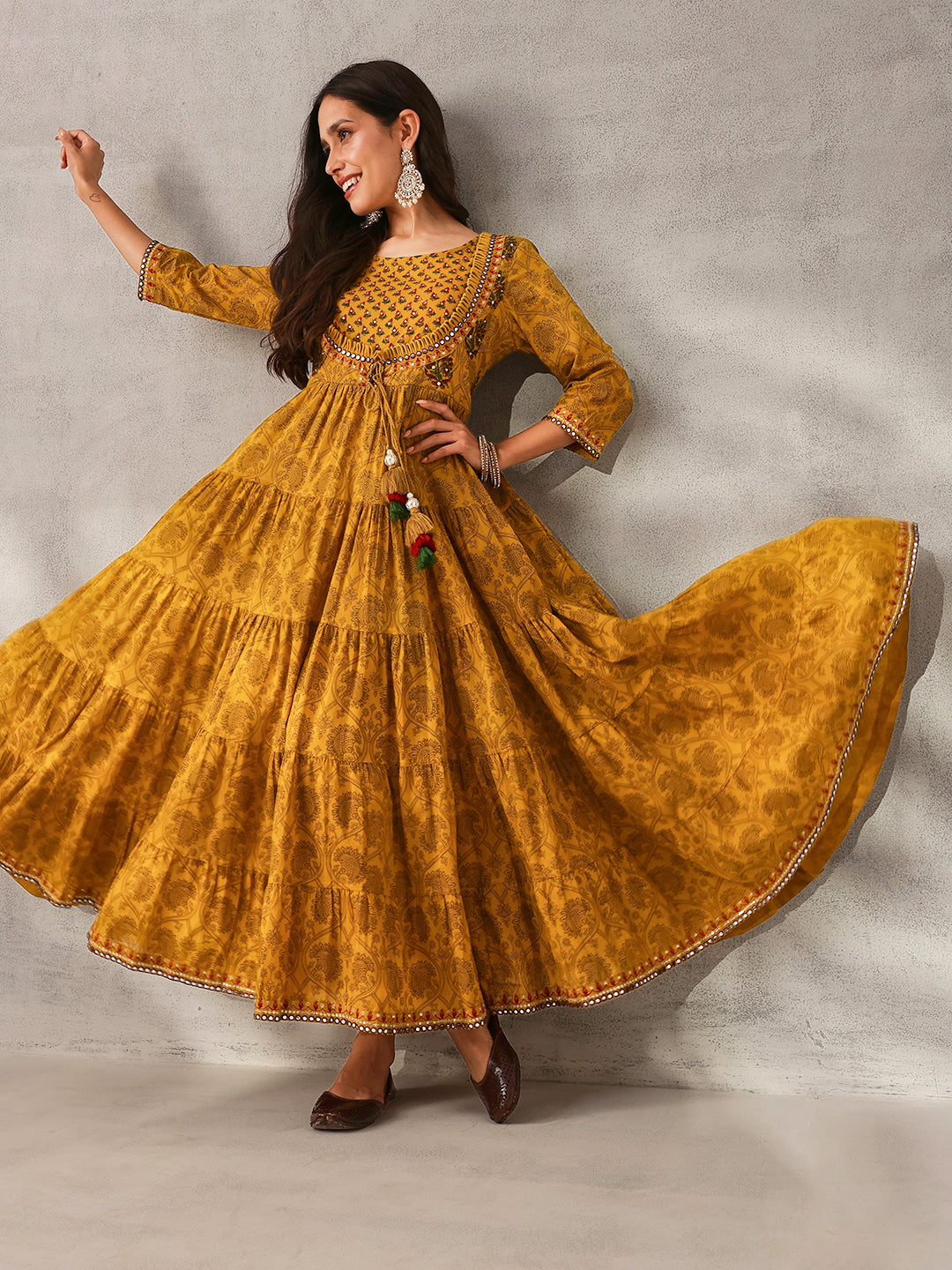 Graceful Mustard Cotton Printed with Embroidered Fit & Flare Gown 