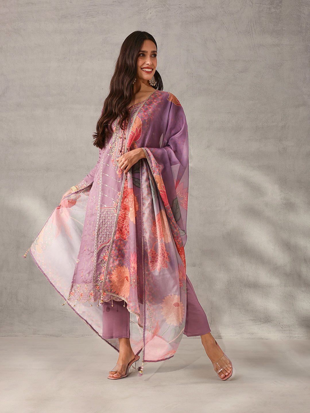 Soft Lilac Roman Silk Embroidered Straight Fit Kurta Set with Dupatta