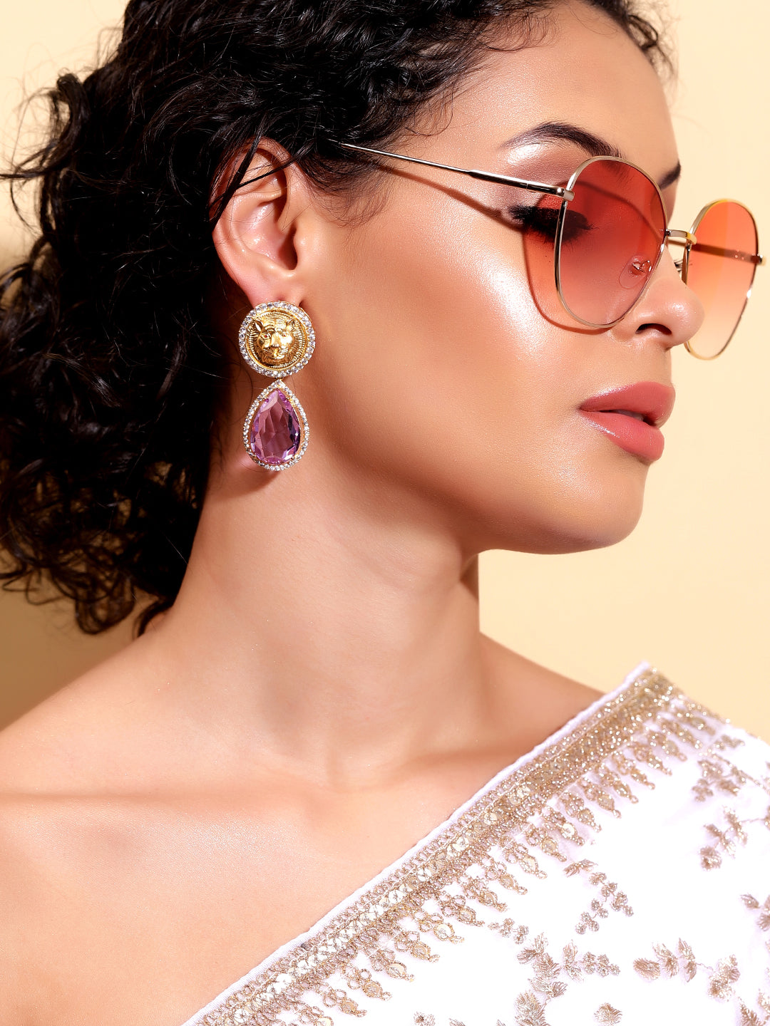Ishin Purple  Colour Gold Plated AD Drop Earring