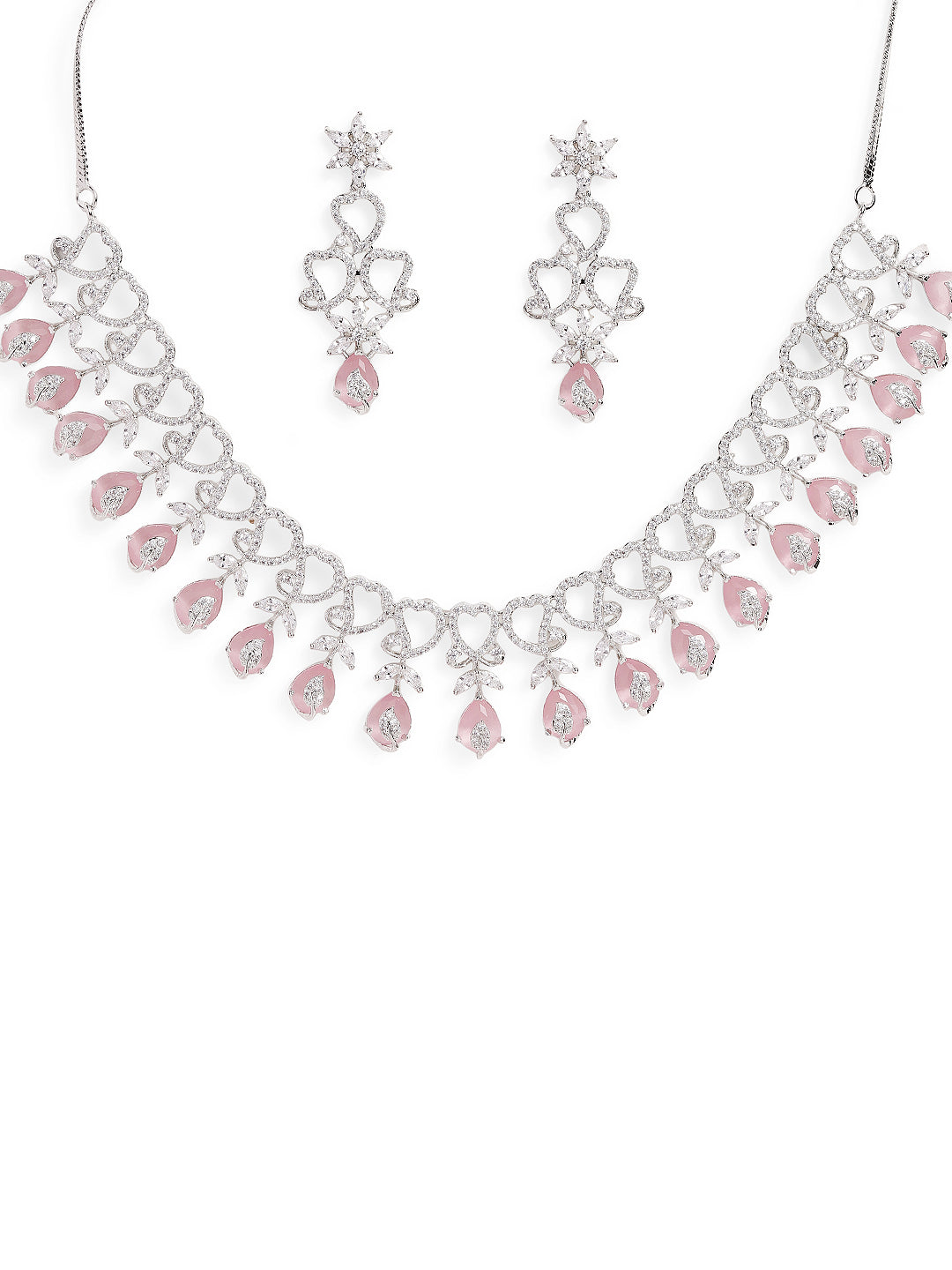 Ishin Pink Colour Silver Plated American Diamond Jewellery Set