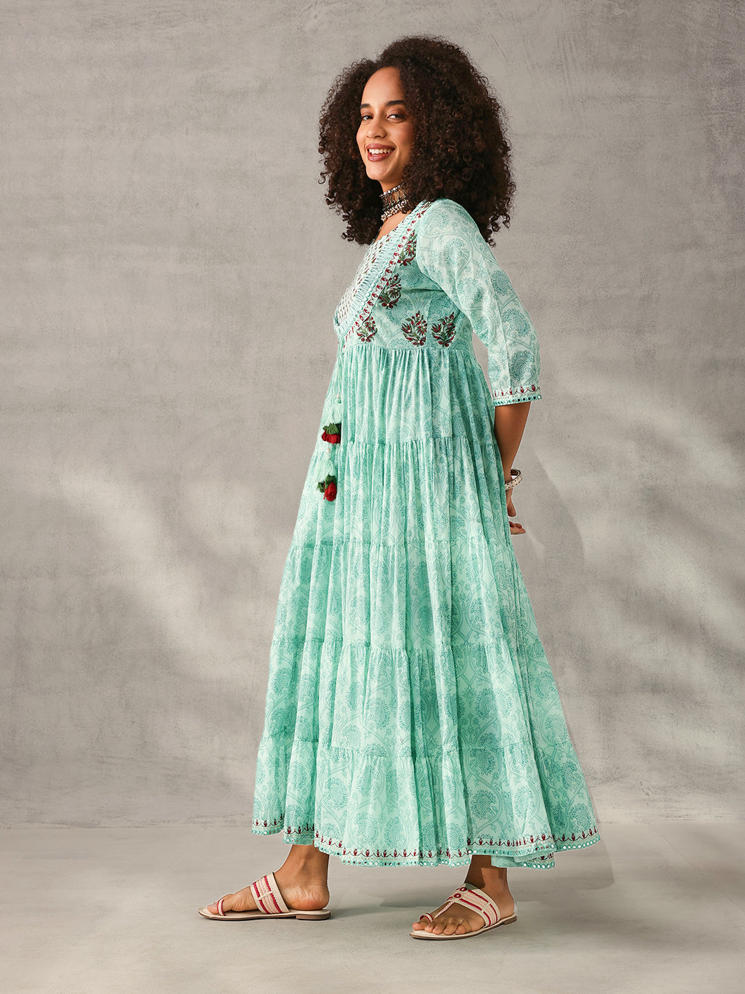 Graceful Green Cotton Printed with Embroidered Fit & Flare Gown 