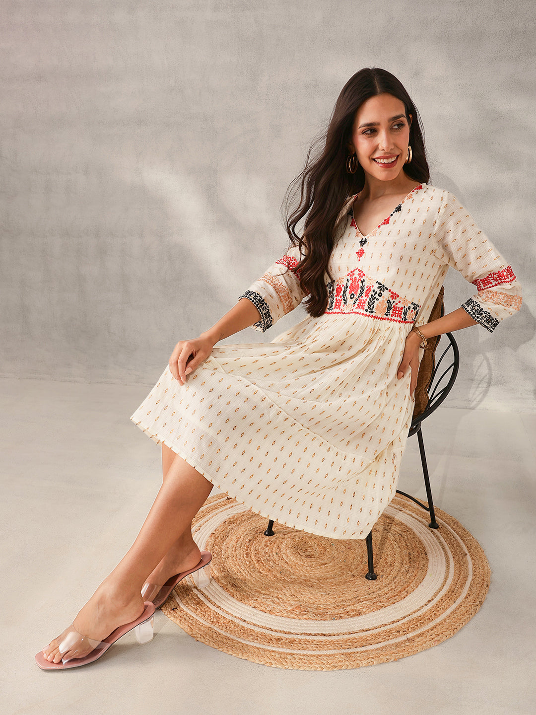 Comfy Cream Cotton Dobby Embroidered Regular Fit Dress