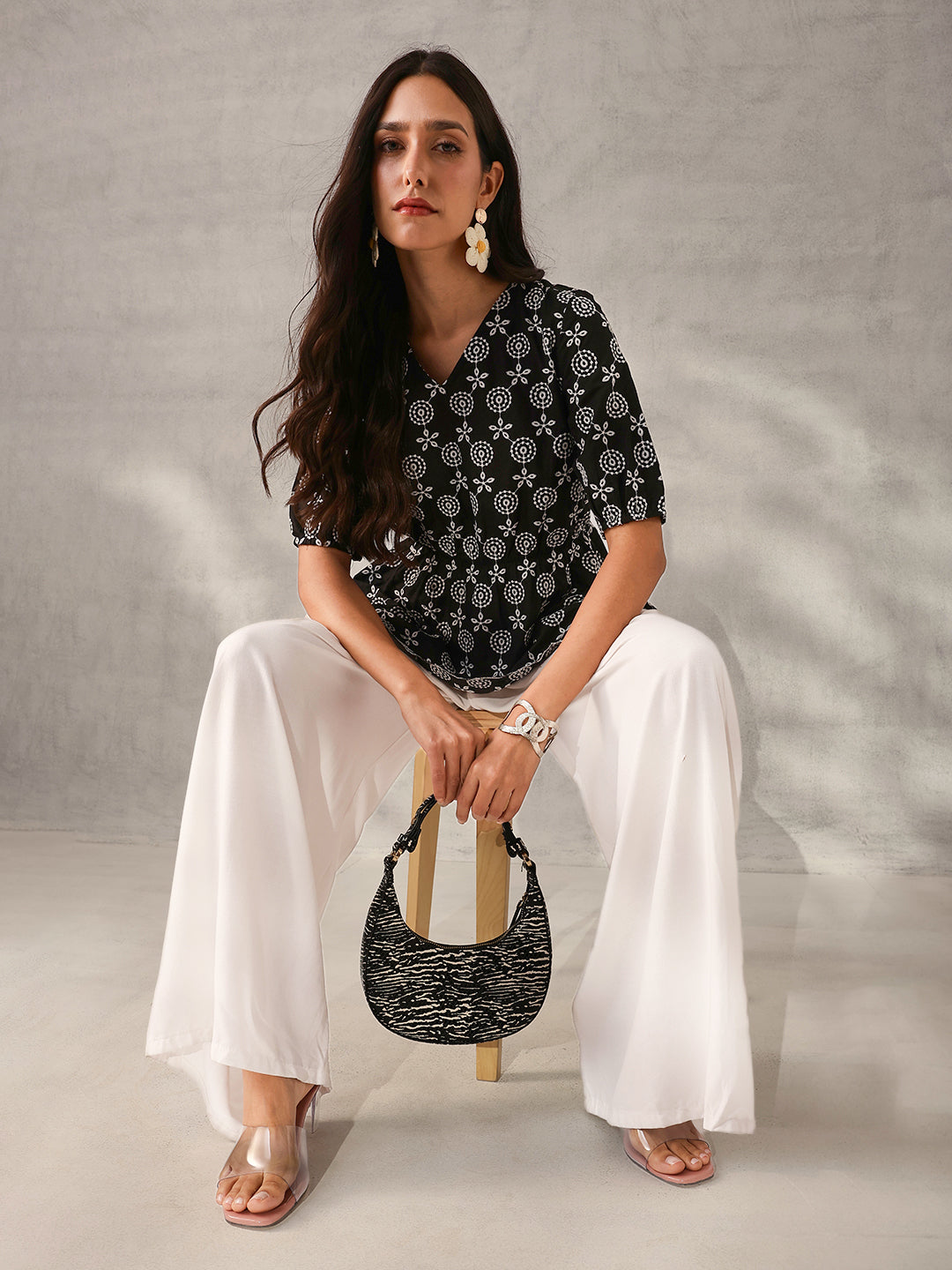 Comfy Black Cotton Embroidered Regular Fit Top