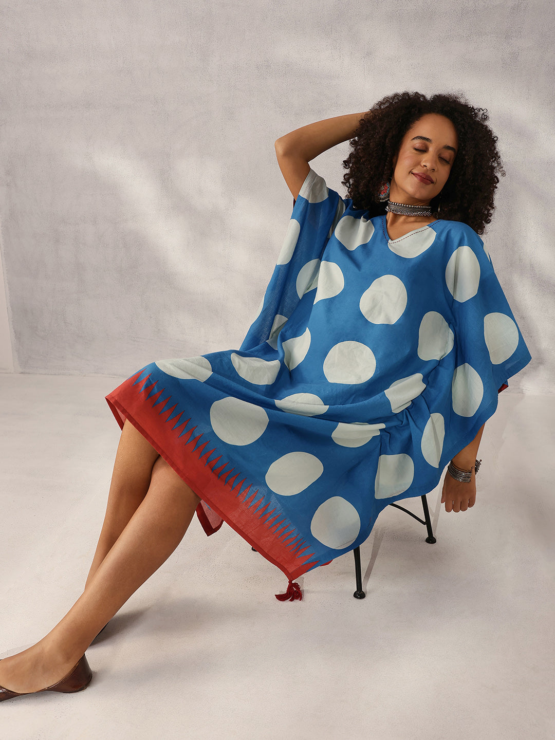 Comfy Indigo Cotton Printed Kaftan with tassels