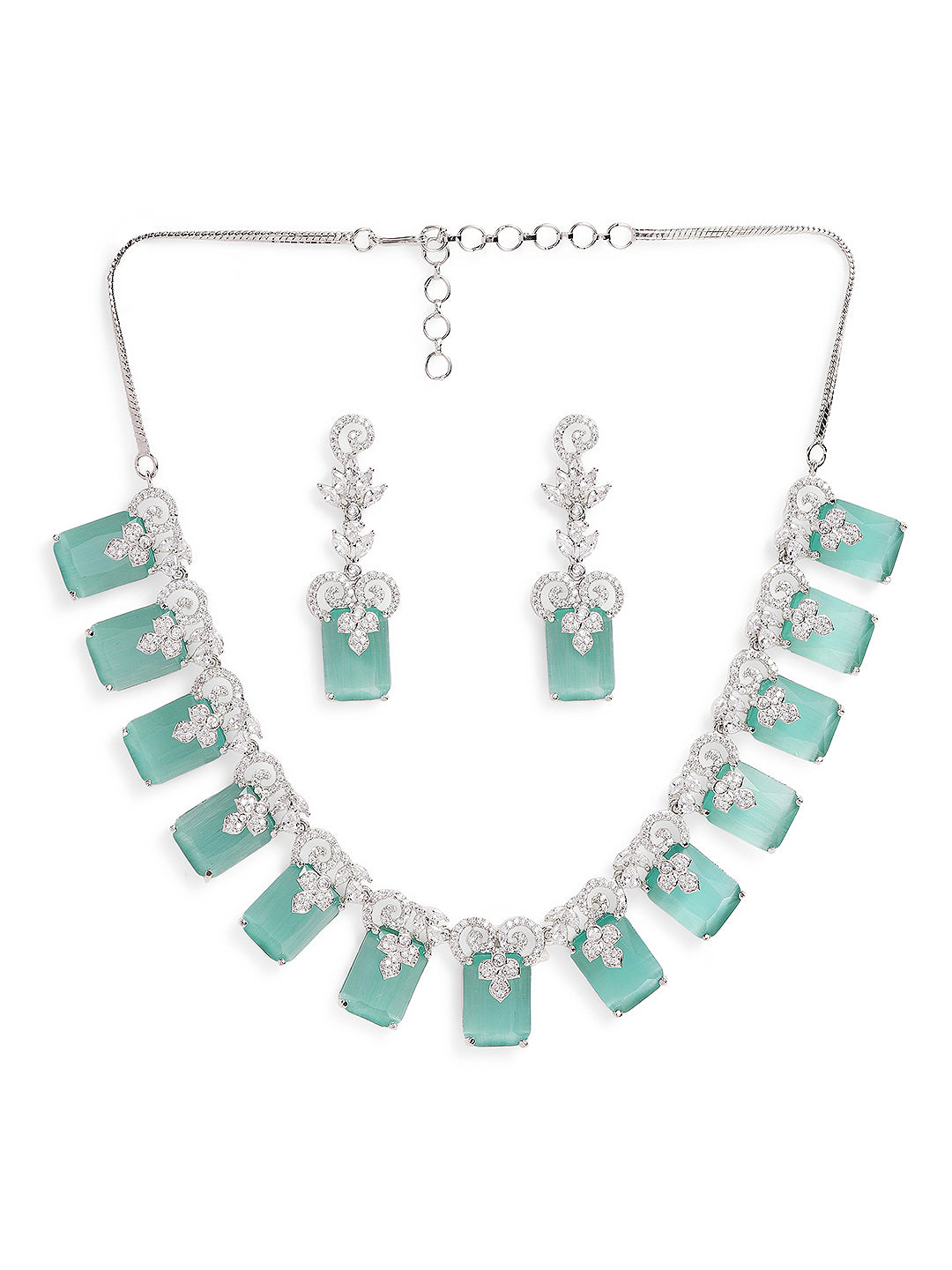 Ishin Aqua Colour Silver Plated American Diamond Jewellery Set