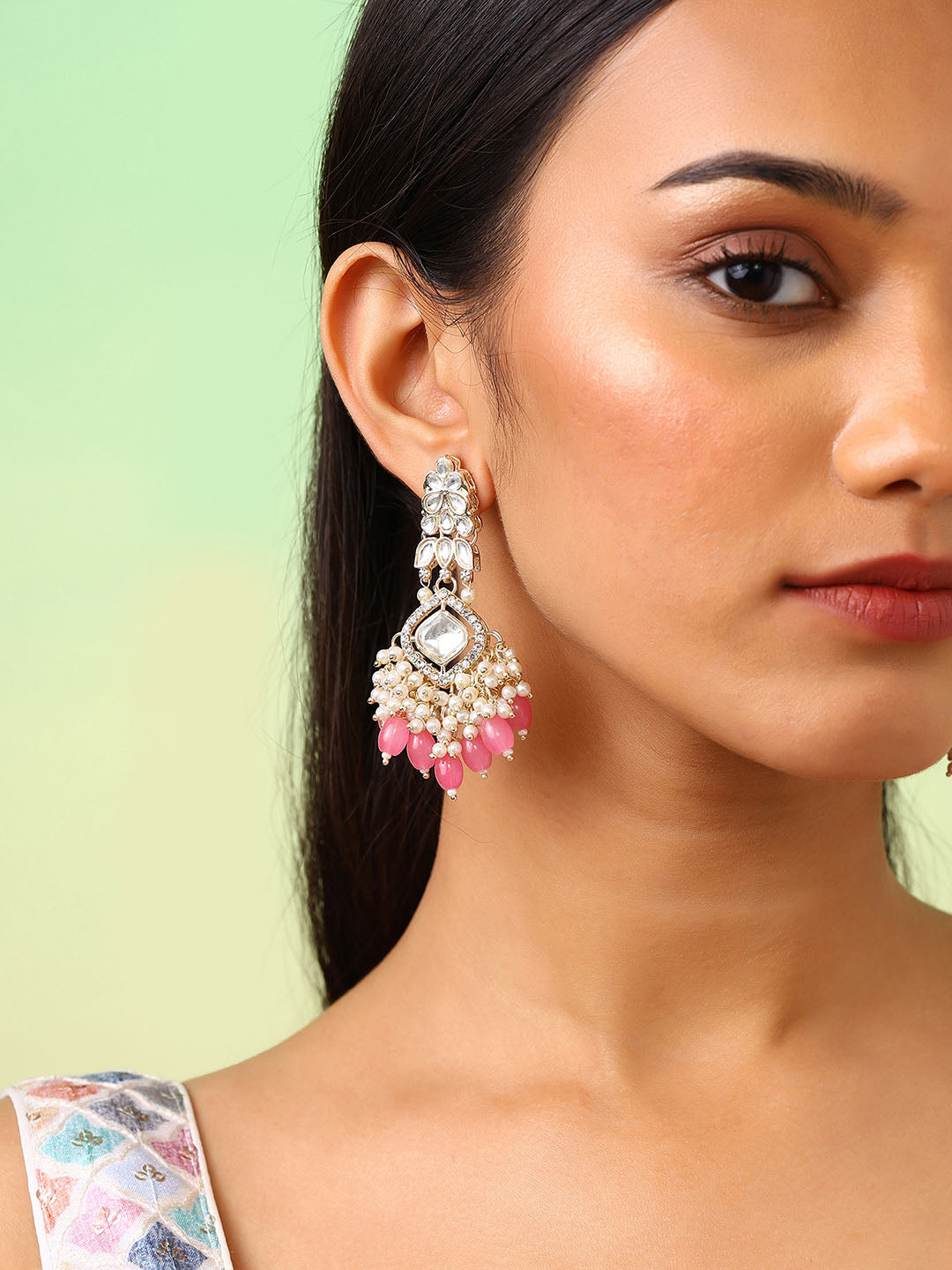 Ishin Geometric Elegance Kundan Gold Plated Pearl Pink Beads Drop Earrings