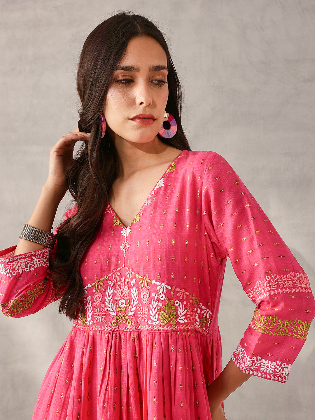Comfy pink Cotton Dobby Embroidered Regular Fit Dress