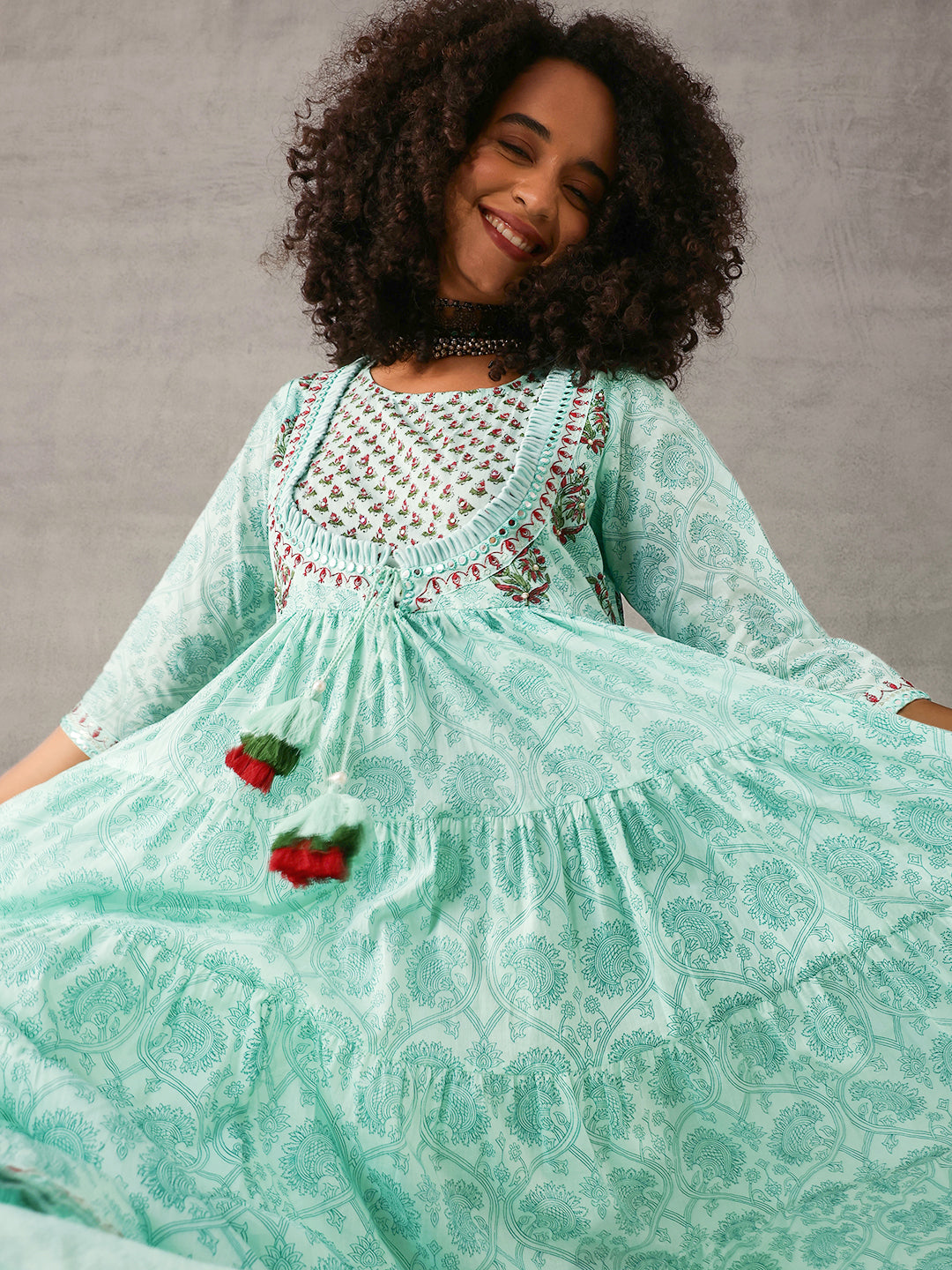 Graceful Green Cotton Printed with Embroidered Fit & Flare Gown 