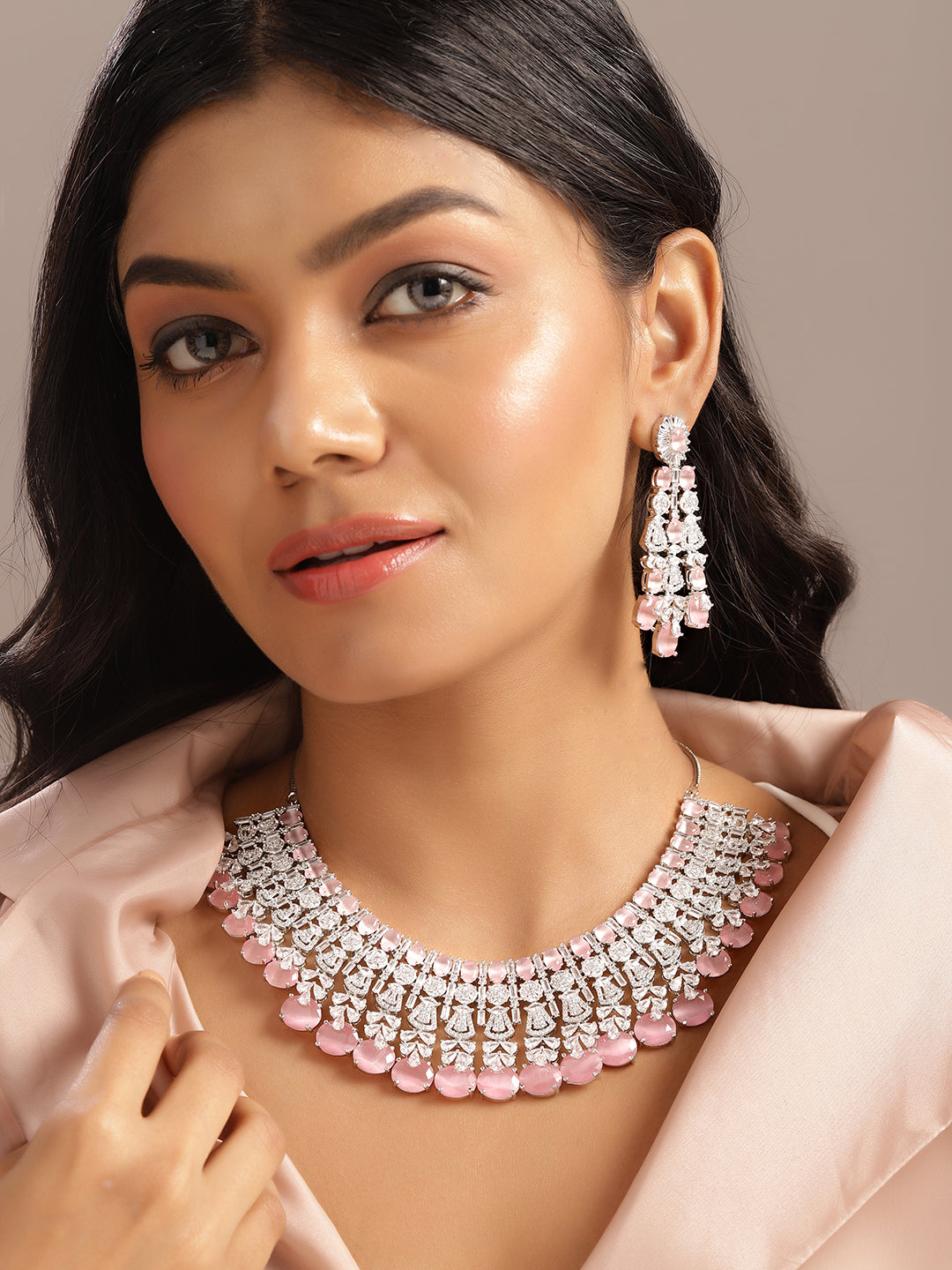 Ishin Pink Colour Silver Plated American Diamond Jewellery Set