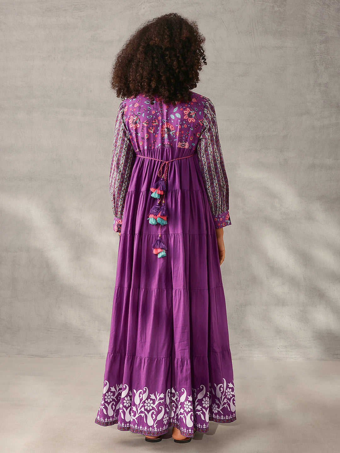 Graceful Lavender Cotton Floral Printed Tiered fit Gown 