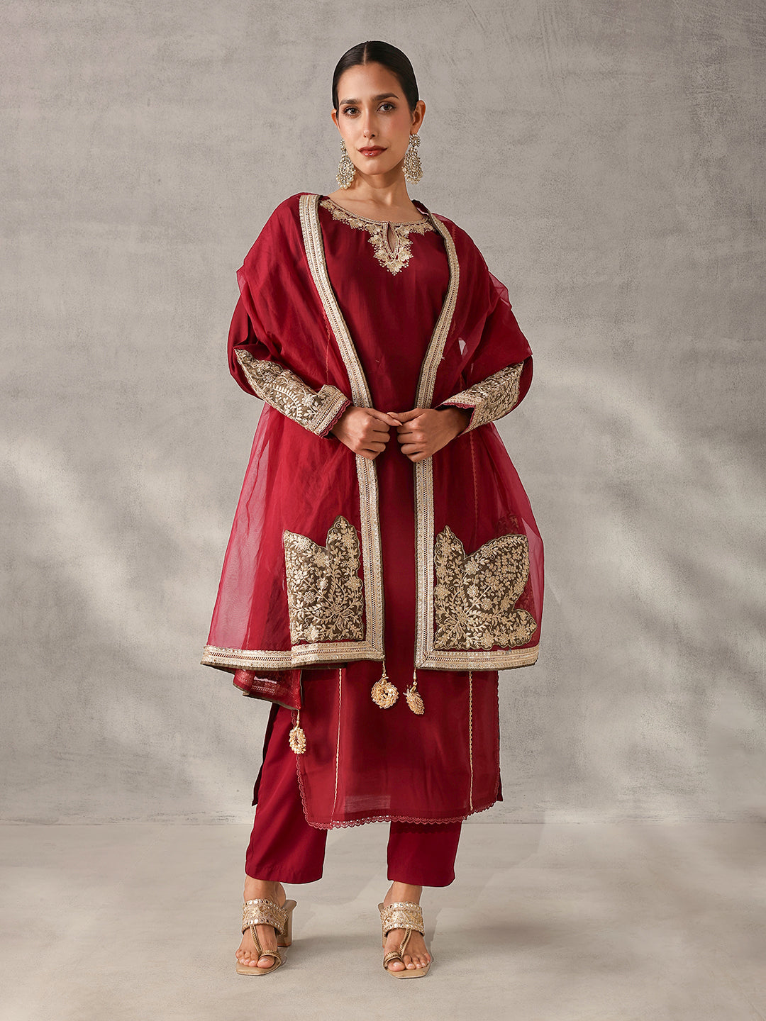 Rich Maroon Roman Silk Zari Embroidered Straight Fit Kurta Set with Dupatta