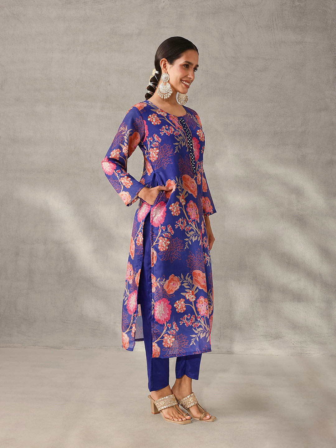 Soft Royal Blue Chinon Floral Printed straight fit Kurta Set with Dupatta