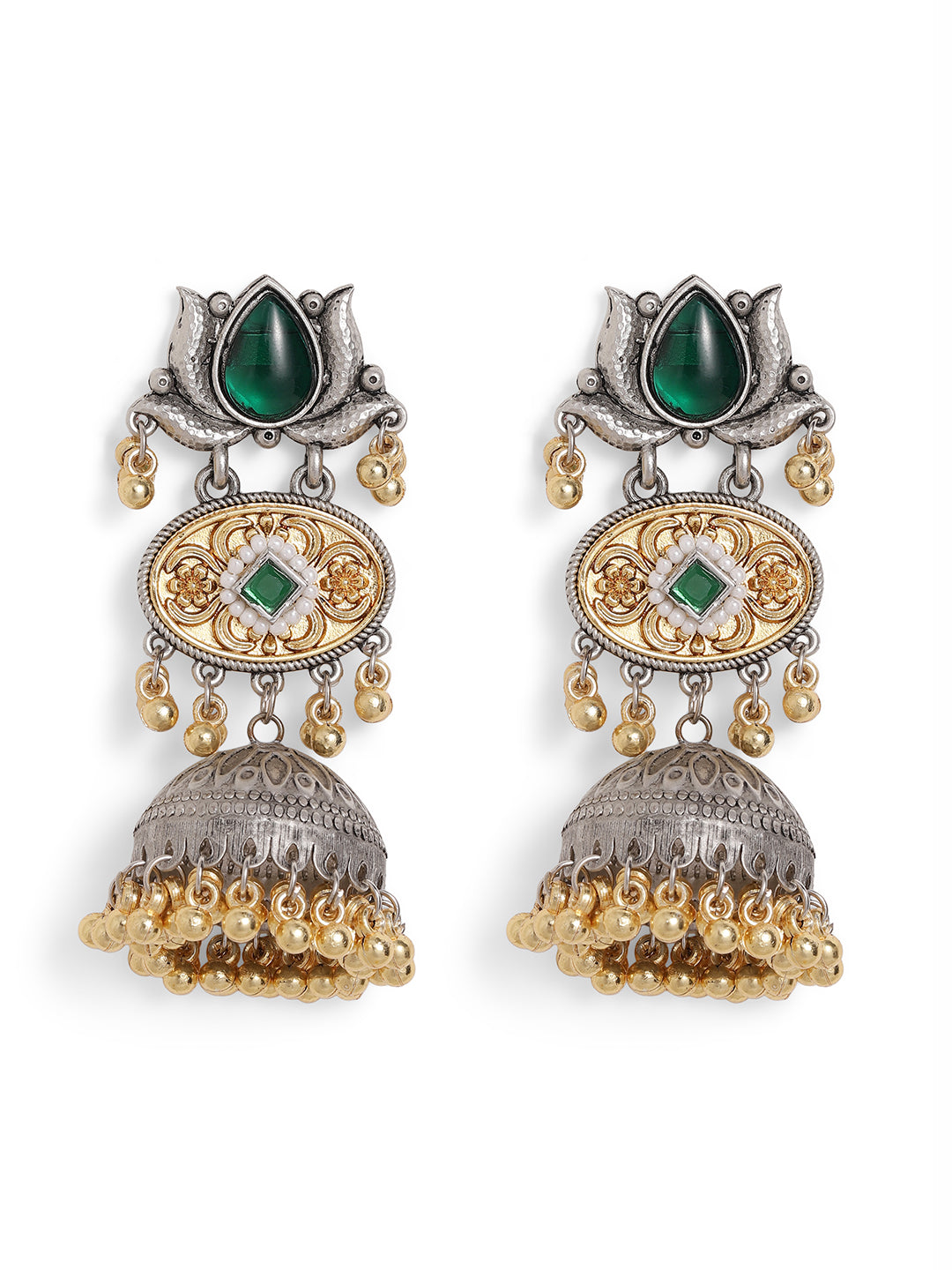 Ishin Green Colour Silver Plated Emerald Jhumka Earring
