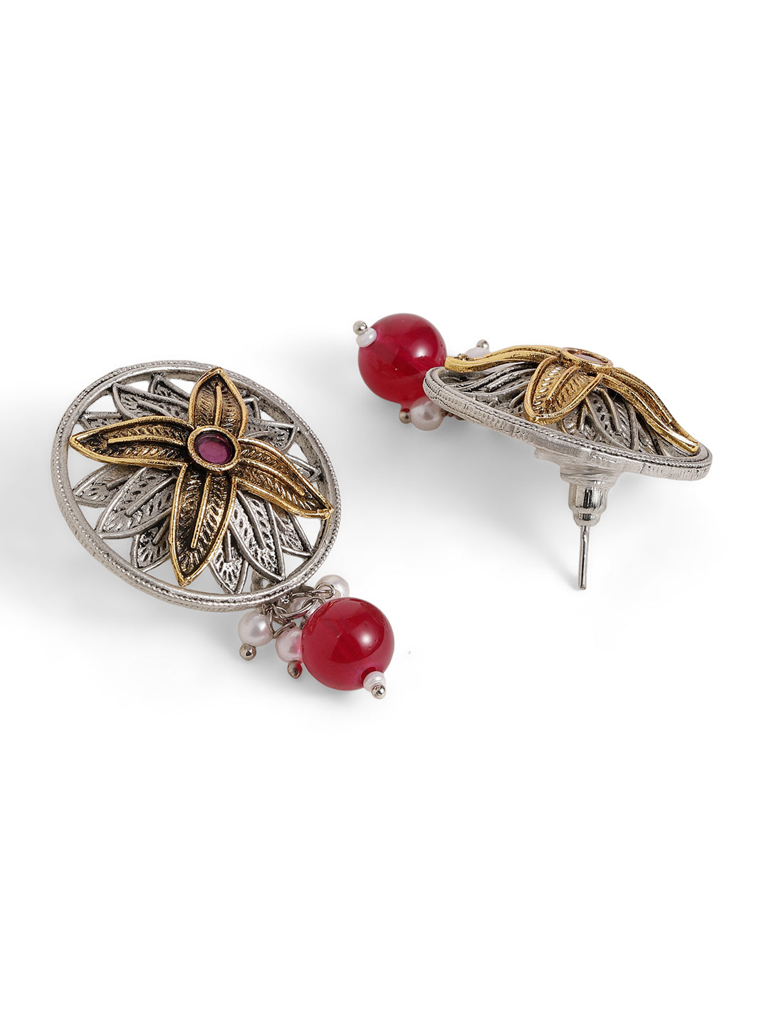 Ishin Maroon Colour Silver Plated Beads Stud Earring