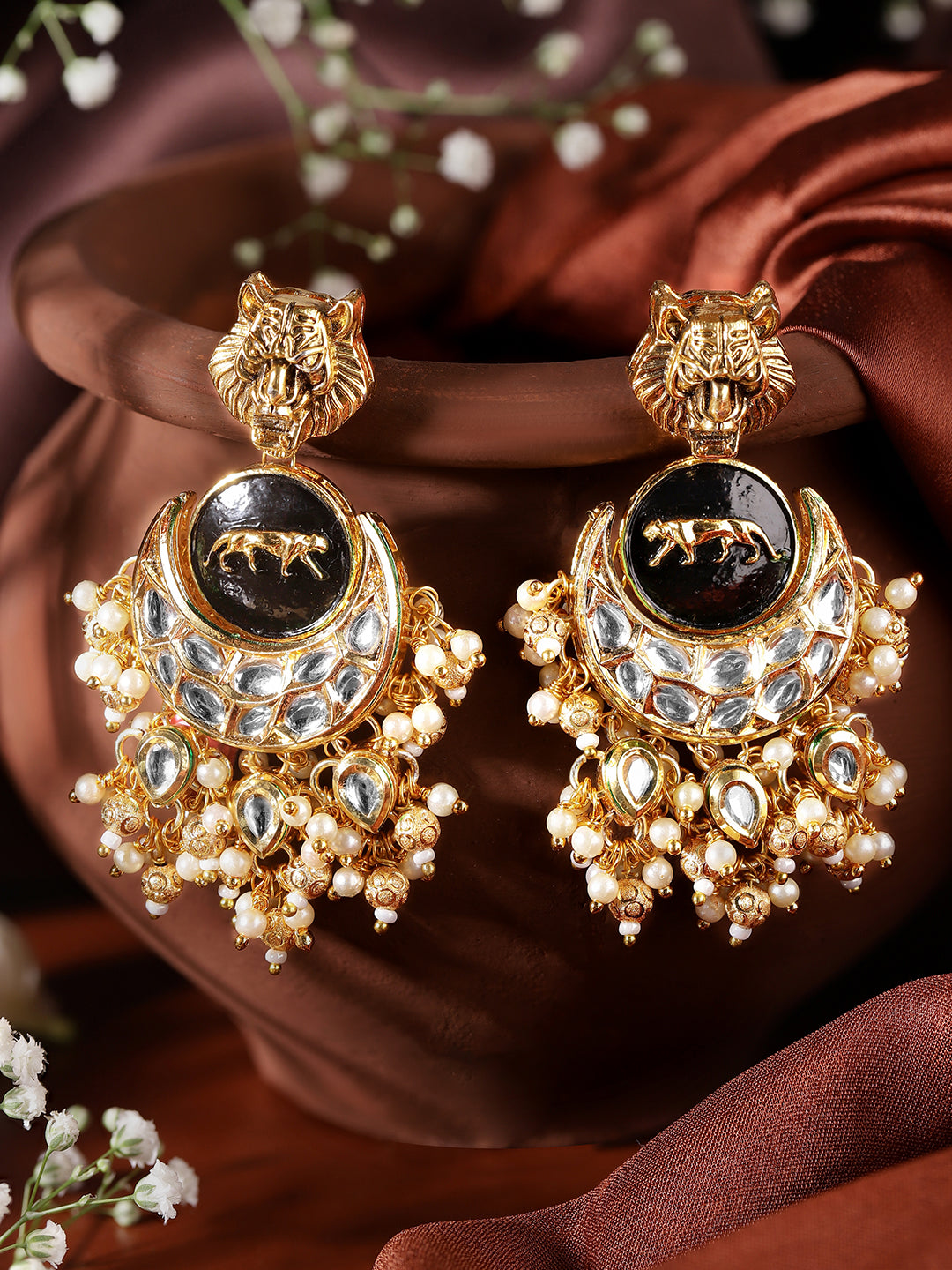 Ishin Black Colour Gold plated Kundan Drop Earring