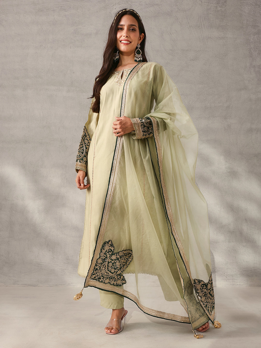 Rich Mint Green Roman Silk Zari Embroidered Straight Fit Kurta Set with Dupatta