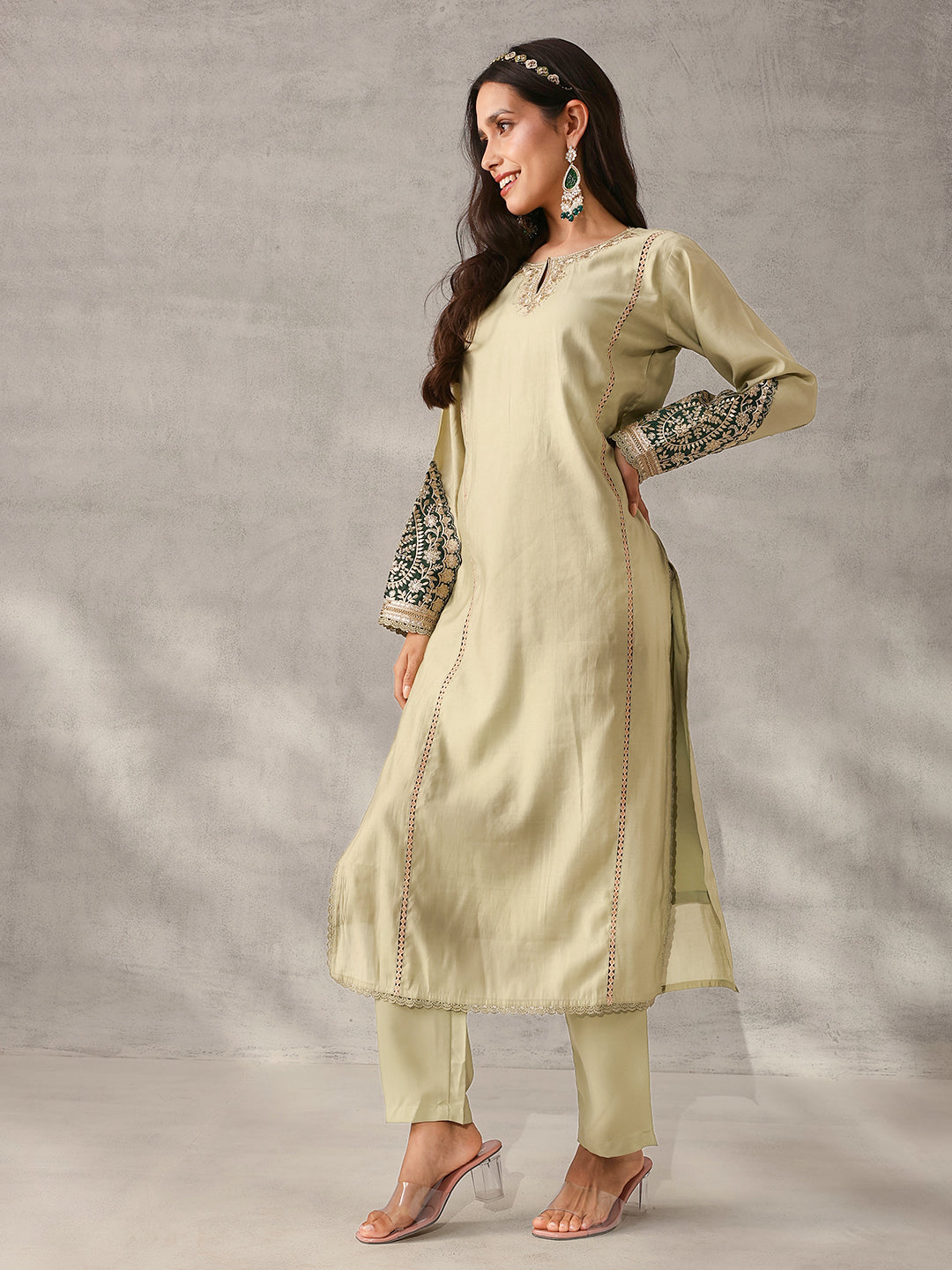 Rich Mint Green Roman Silk Zari Embroidered Straight Fit Kurta Set with Dupatta