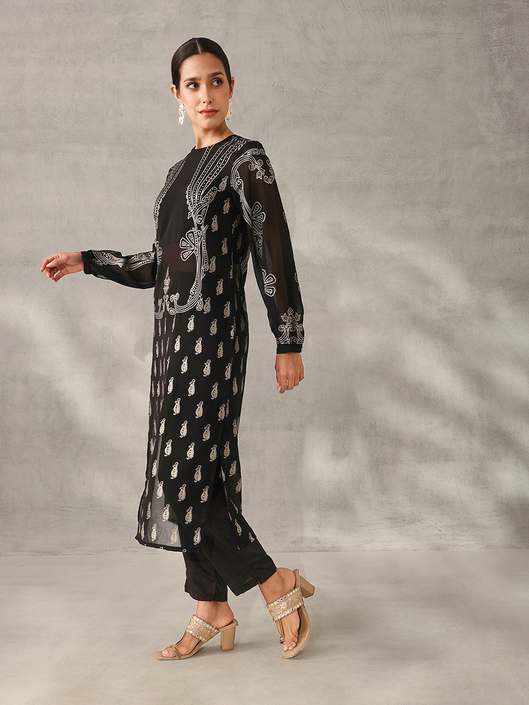 Flowy Black Crepe Foil Printed Straight Fit Kurta Set with Crop Top