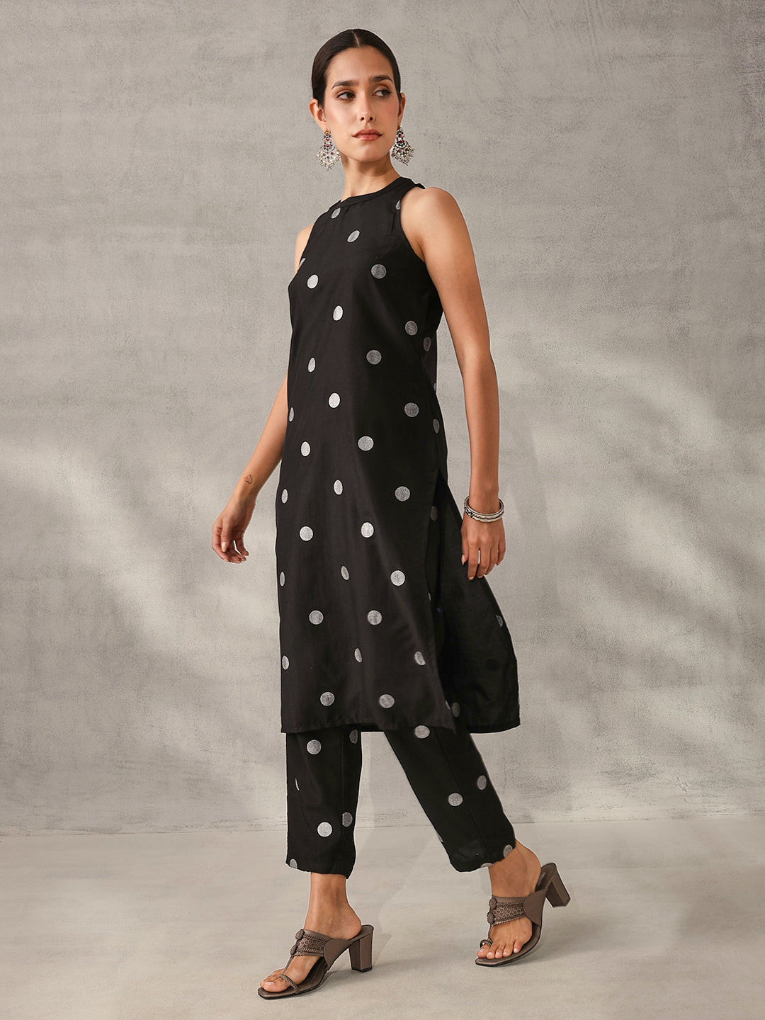 Soft Black Chinon Foil Printed Straight Fit Kurta Set