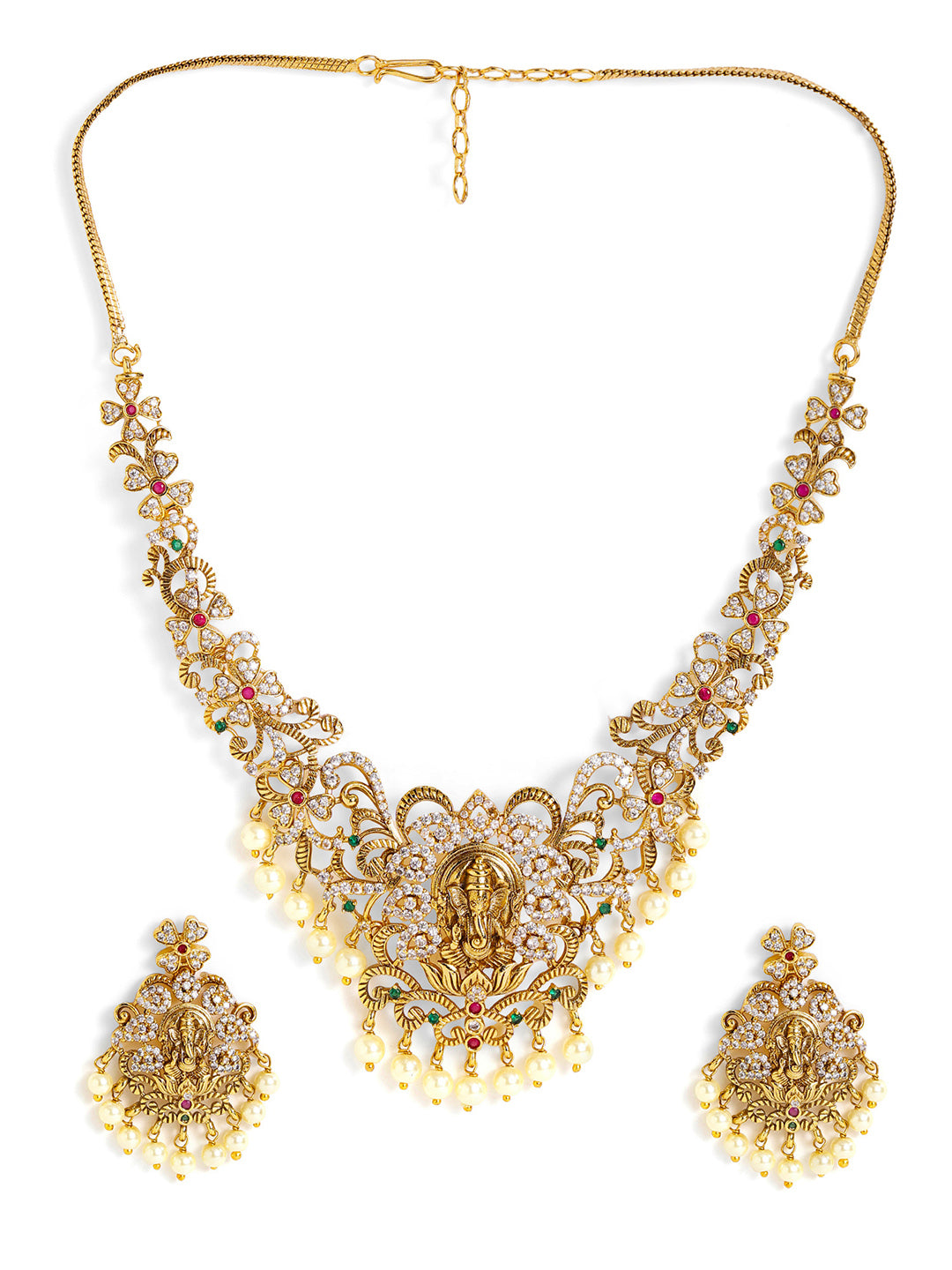 Ishin Goddess Pattern Floral Elegance Gold Plated Mint Beads Necklace and Drop Earrings Jewellery Set