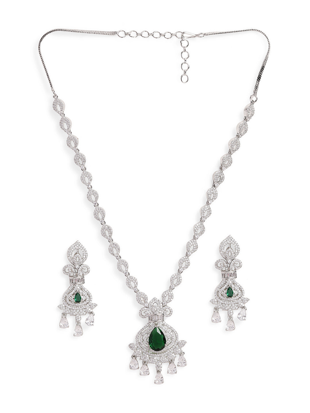 Ishin Green Colour Silver Plated American Diamond Jewellery Set