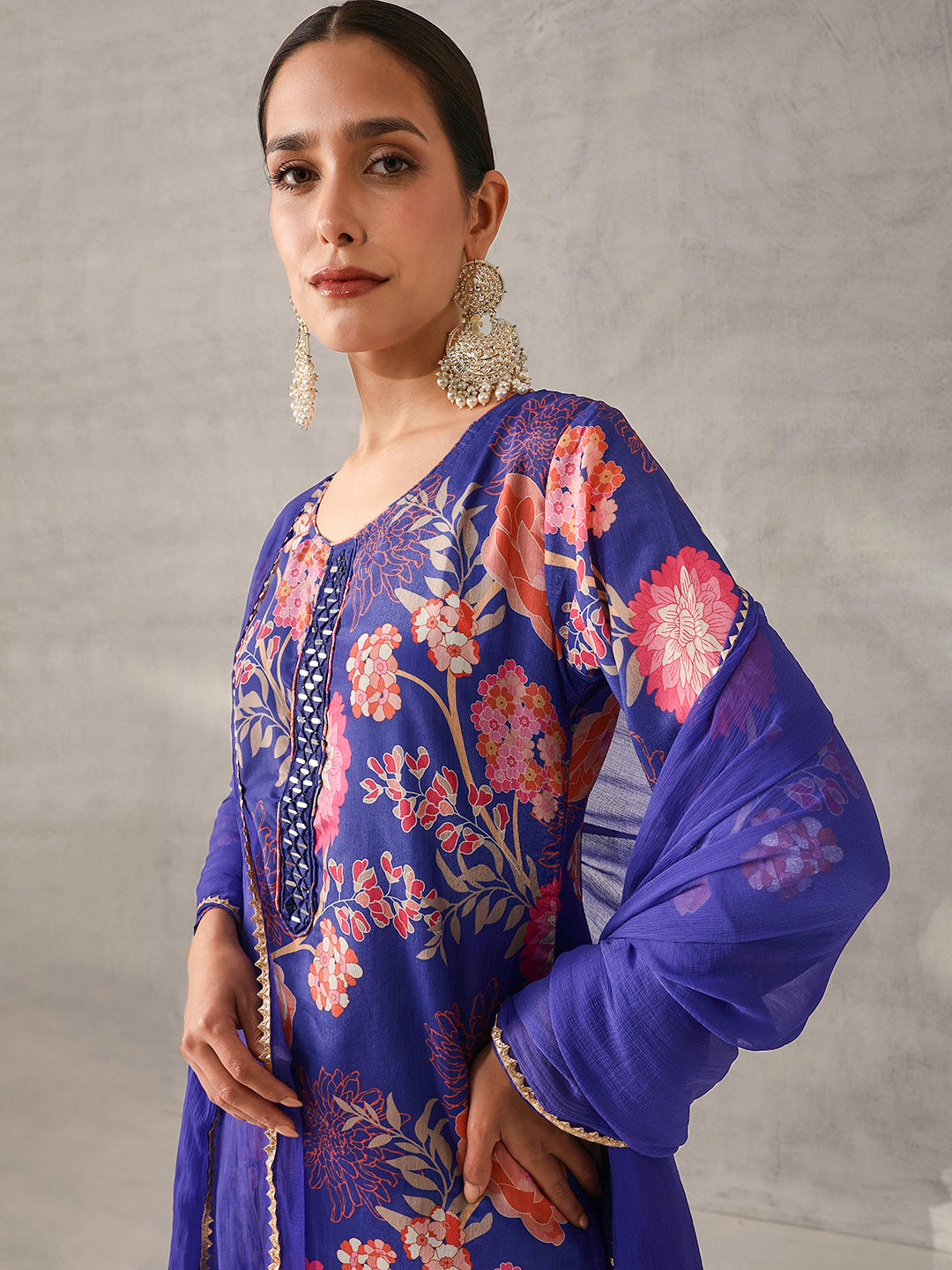 Soft Royal Blue Chinon Floral Printed straight fit Kurta Set with Dupatta