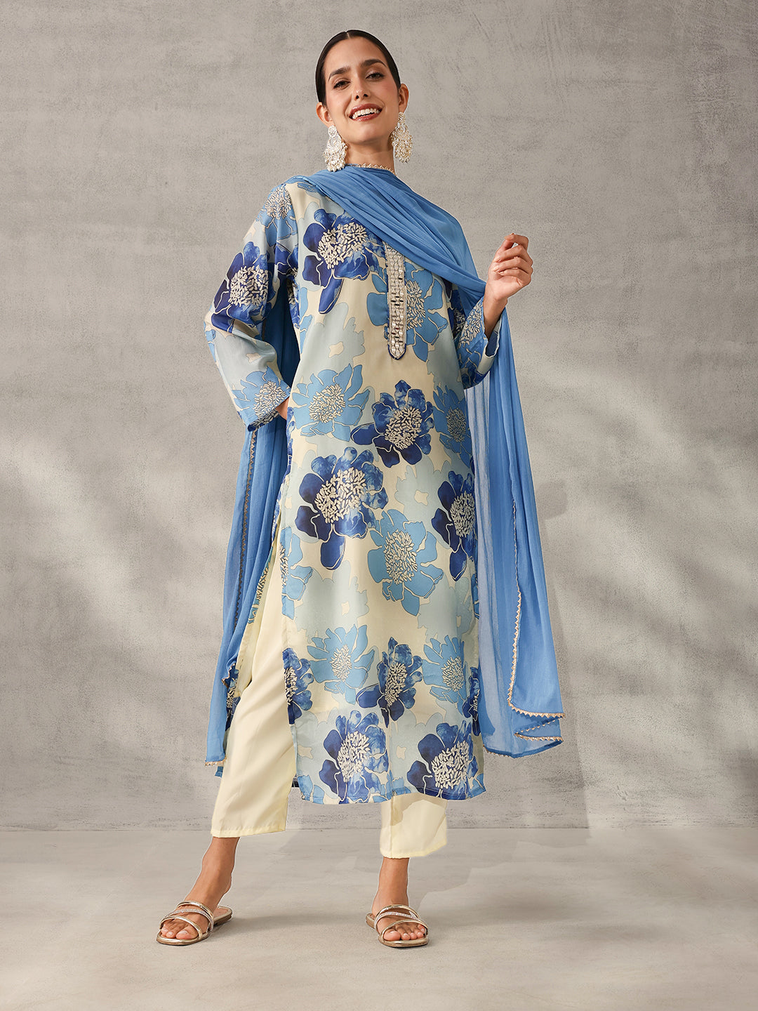 Soft off white Chinon Floral Printed straight fit Kurta Set with Dupatta