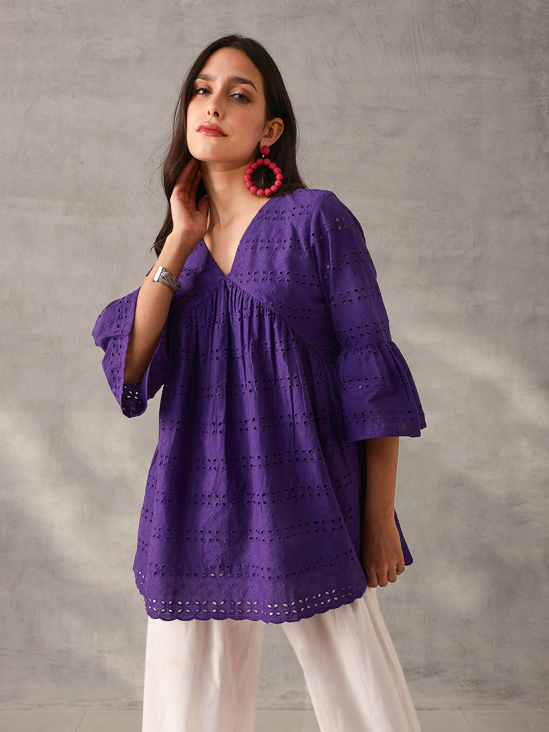 Comfy Purple Cotton Schiffli Regular Fit Top