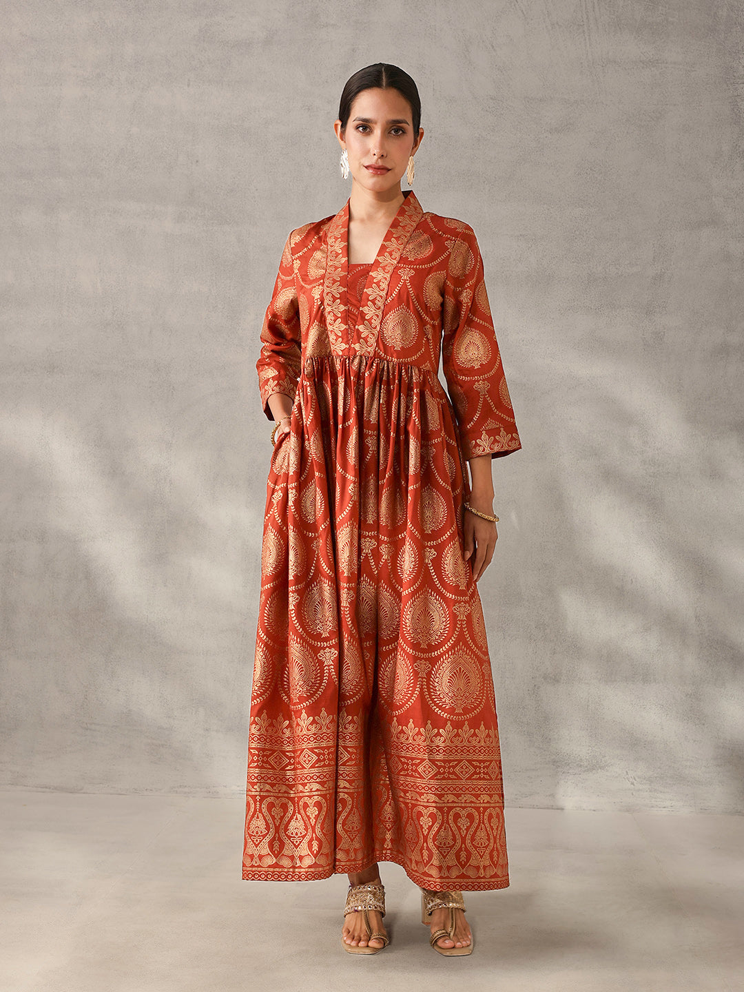 Rich Rust Chinon Foil Printed Fit & Flare Kurta