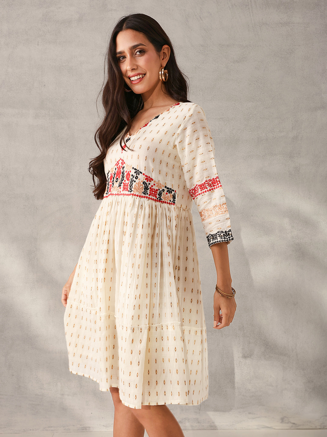 Comfy Cream Cotton Dobby Embroidered Regular Fit Dress