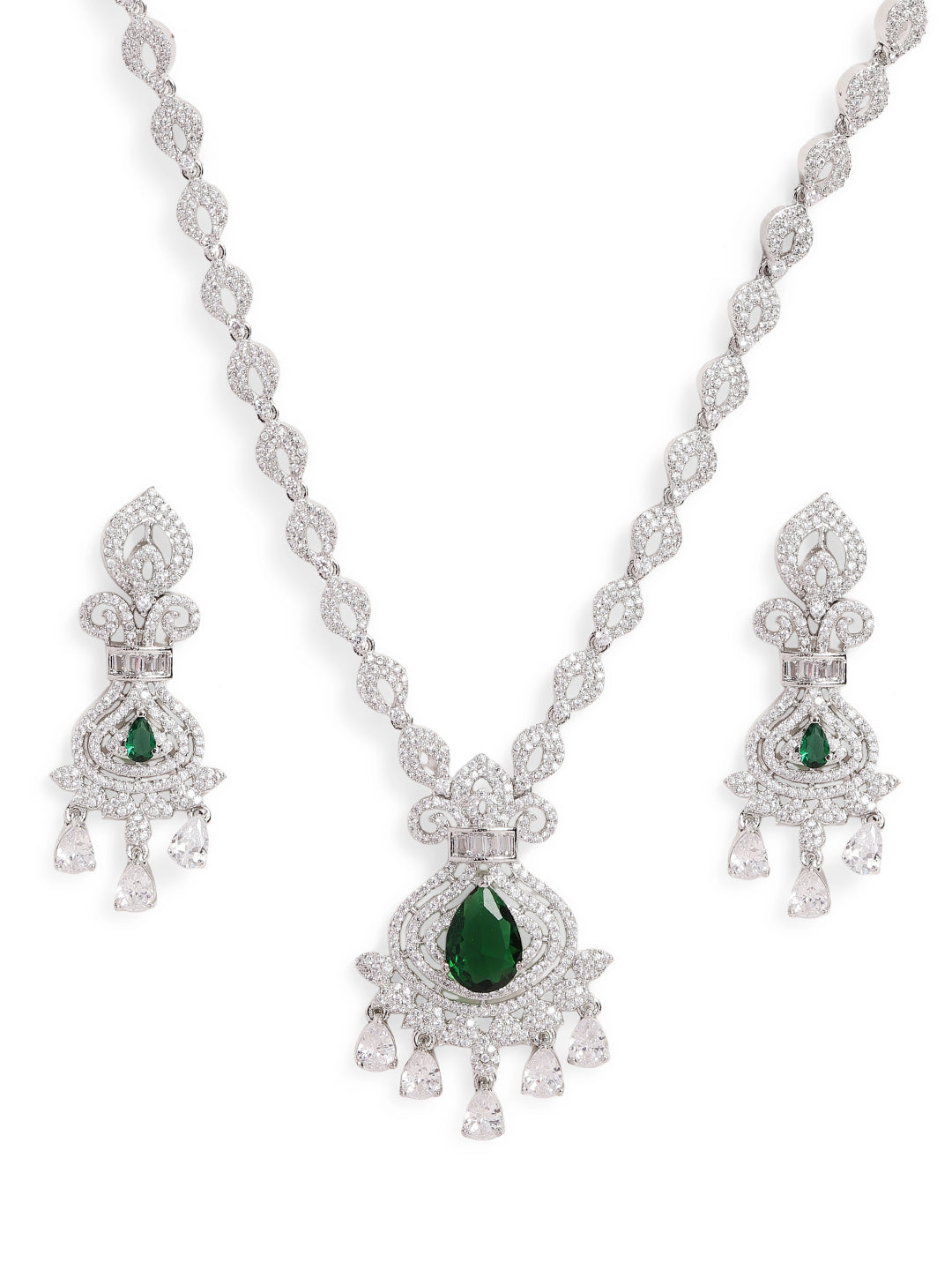 Ishin Green Colour Silver Plated American Diamond Jewellery Set
