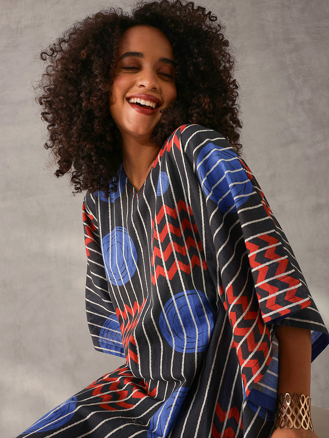 Comfy Black Cotton Printed Kaftan with tassels