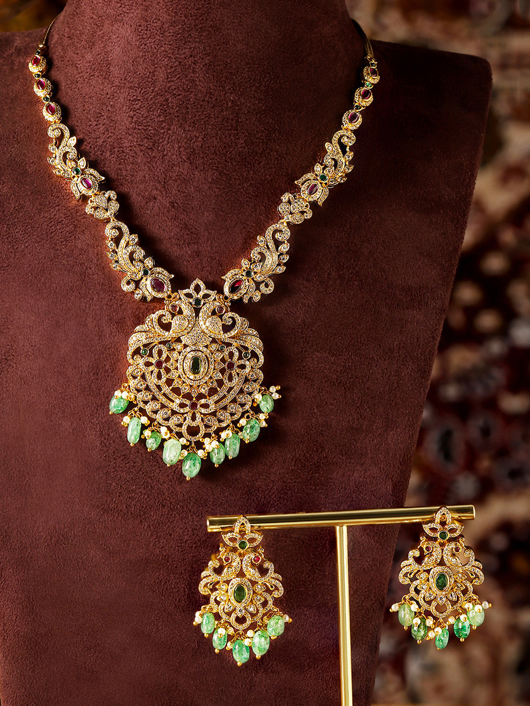 Ishin Goddess Pattern Floral Style Gold Plated Necklace and Drop Earrings Jewellery Set