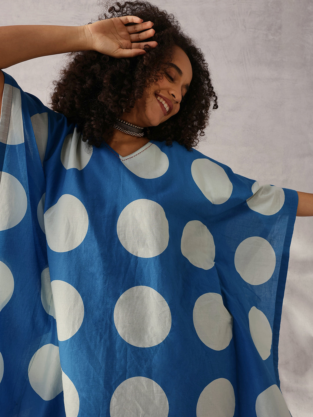 Comfy Indigo Cotton Printed Kaftan with tassels