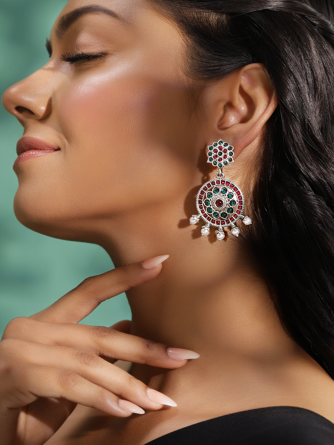 Ishin Multi Colour Silver Plated Beads Chandbali Earring