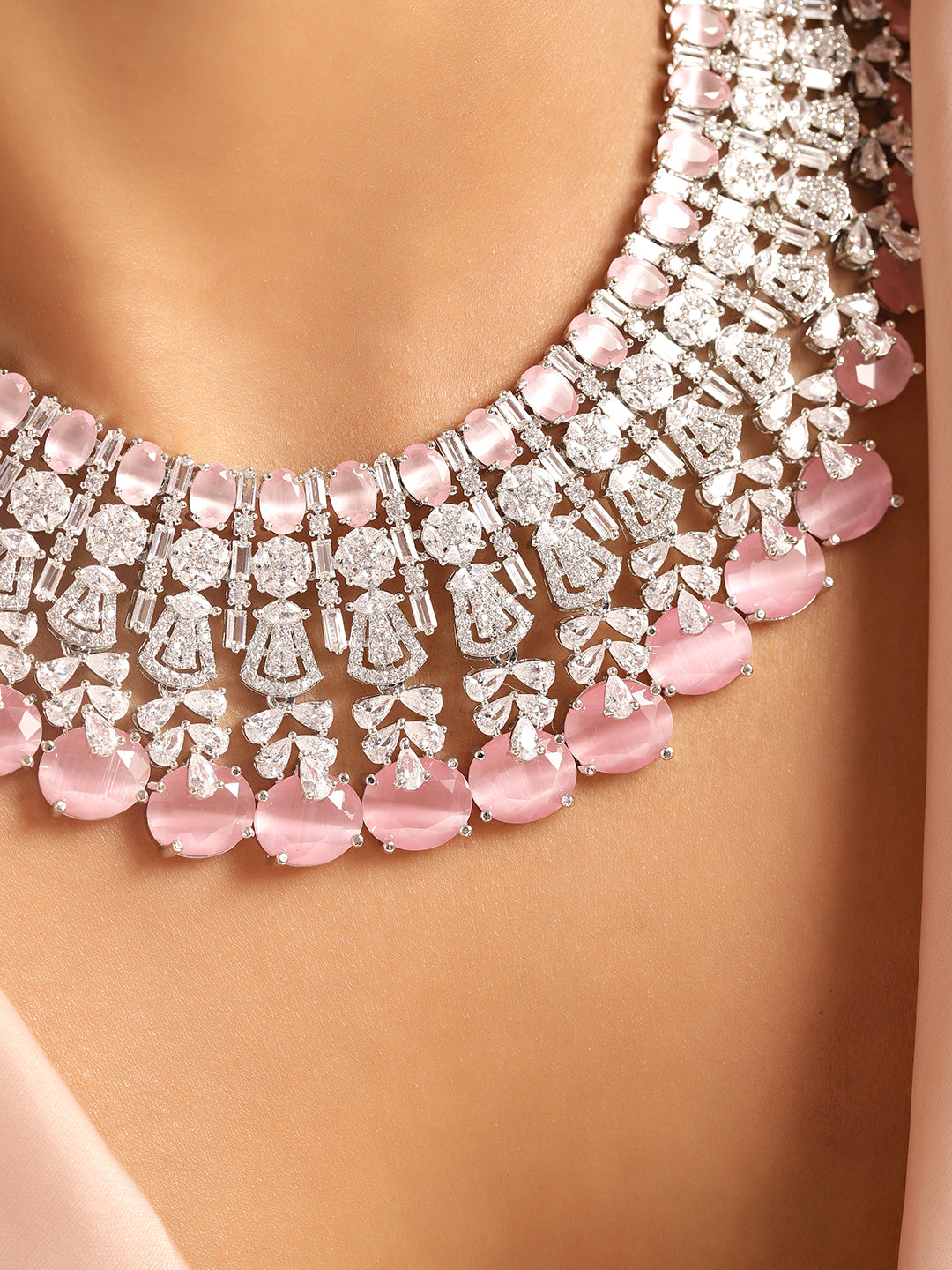 Ishin Pink Colour Silver Plated American Diamond Jewellery Set