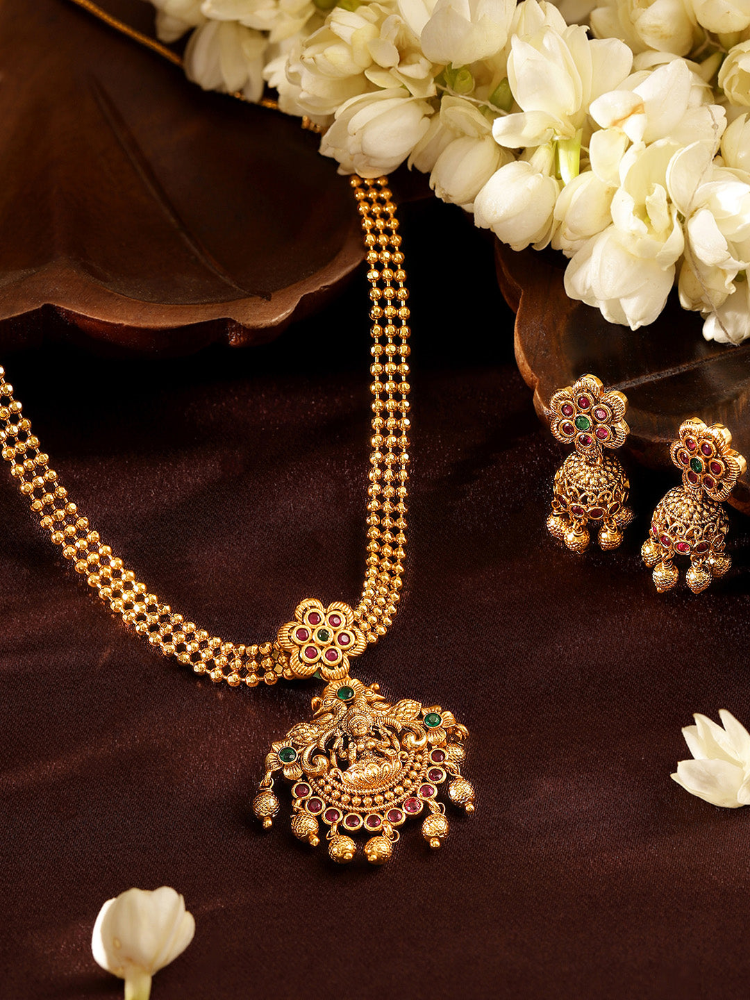 Ishin Blooming Elegance AD Gold Plated Choker Elegance Jhumkis Jewellery Set