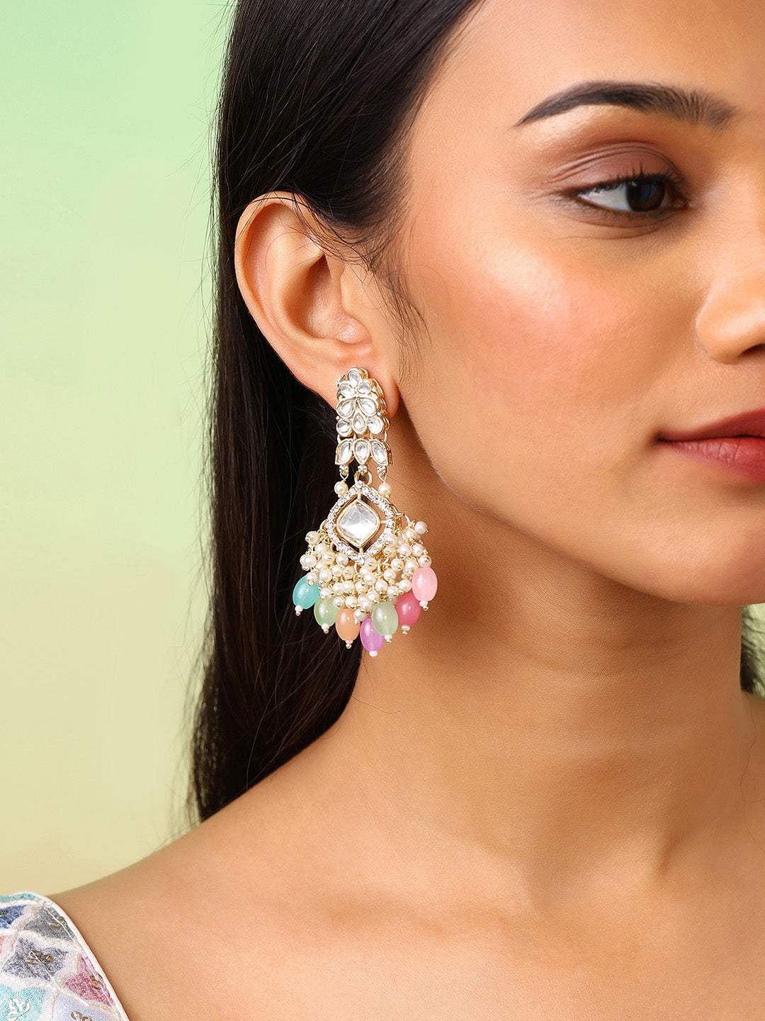 Ishin Geometric Design Multicolor Beads with Pearl Kundan Combo Drop Earrings