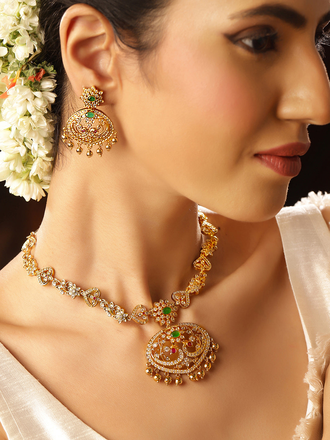 Ishin Ganesh Design Gold Plated AD Styled Necklace Drop Earrings Jewellery Set
